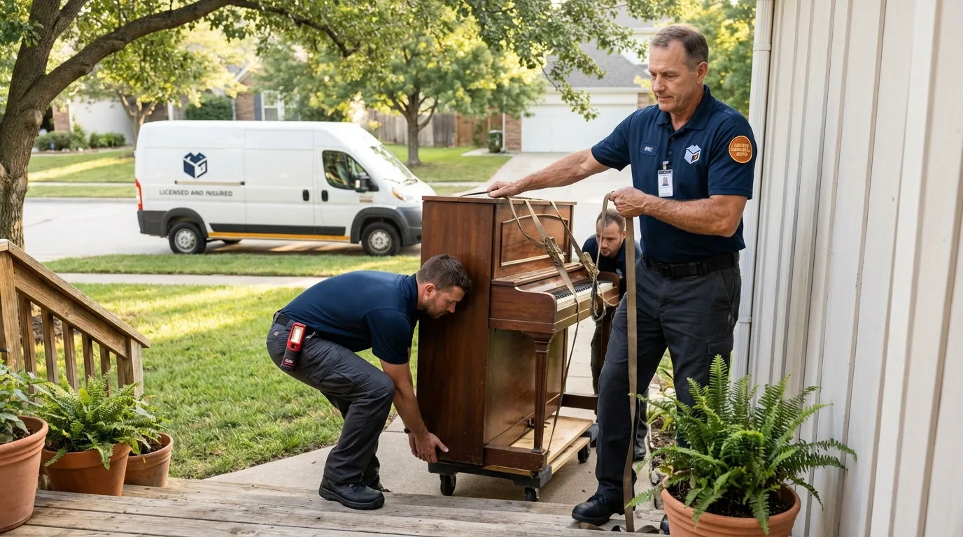 Licensed piano movers securing grand piano in Northampton, PA