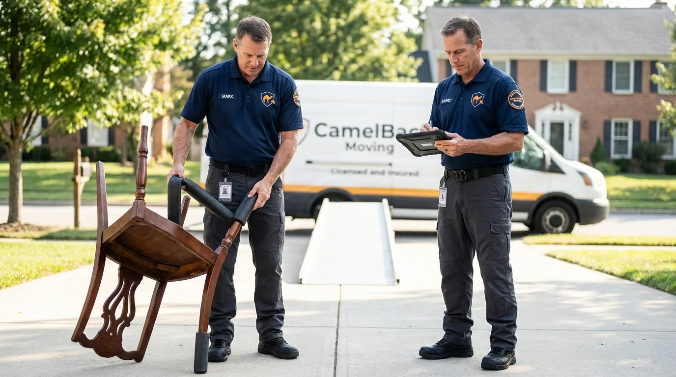 Movers inspecting furniture for damage prevention before loading in Northampton, PA