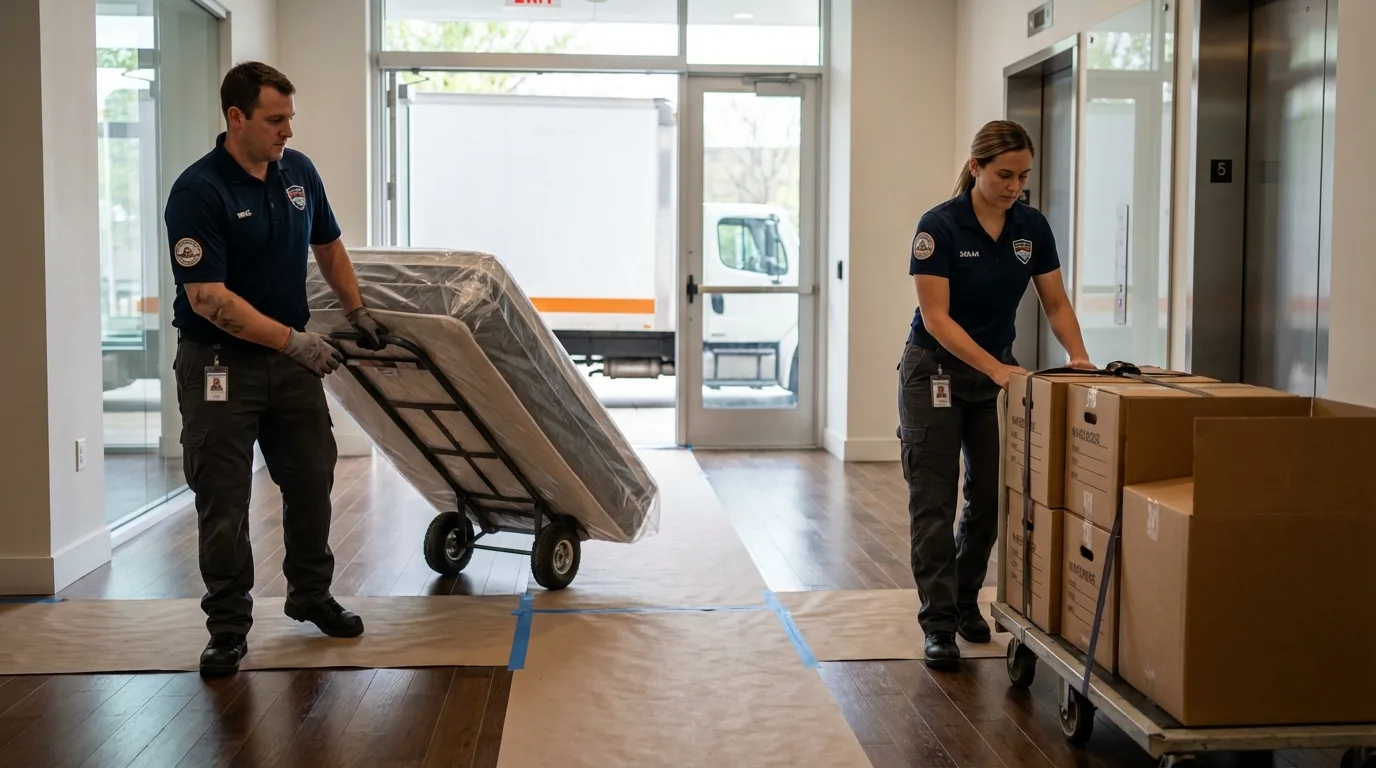 Professional apartment movers loading elevator in Northampton, PA