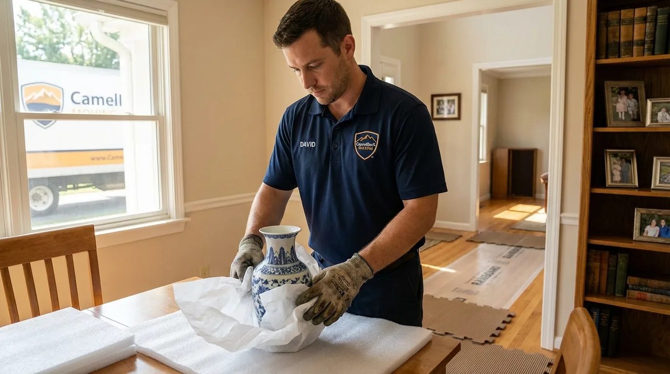 Professional crew carefully wrapping antique vase for senior downsizing move in Northampton, PA